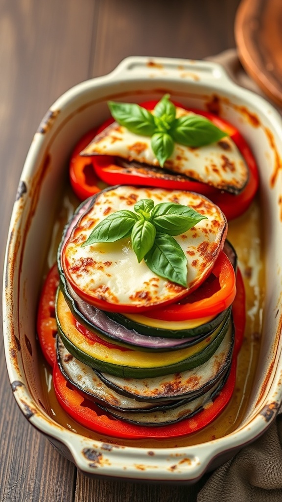 Oven-baked vegetable stack with layers of zucchini, eggplant, and bell peppers topped with cheese, garnished with basil.